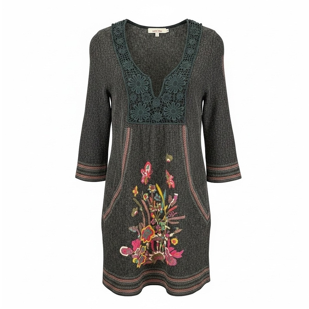 Aryeh Womens XL Charcoal Grey Floral Embroidered Crochet Lace Knit Tunic Dress